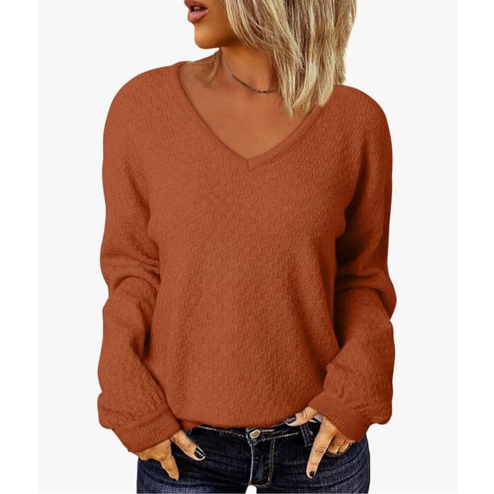 NEW~ V Neck Waffle Knit Sweater Outfits Loose Pullover M